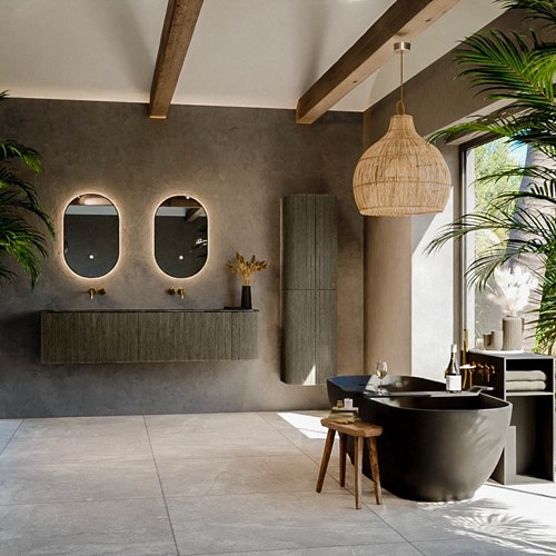 KURVE-DLUX 175cm meubles de salle de bains courbe Droite couleur Shadow avec 2 tiroirs et 1 porte. Lavabo STOR SMALL Double / Gauche sans trou pour robinet, couleur Lava.-3