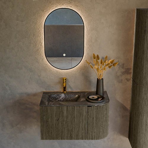 KURVE-DLUX 75cm meubles de salle de bains courbe Droite couleur Shadow avec 1 tiroir et 1 porte. Lavabo GRUNNE Gauche 1 trou pour robinetter, couleur Lava.-2