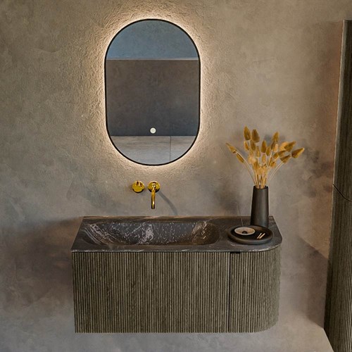 KURVE-DLUX 95cm badmöbel kurve Rechts farbe Shadow mit 1 schublade und 1 tür. Einbauwaschbecken BIG SMALL Links kein hahnloch Lava.-2
