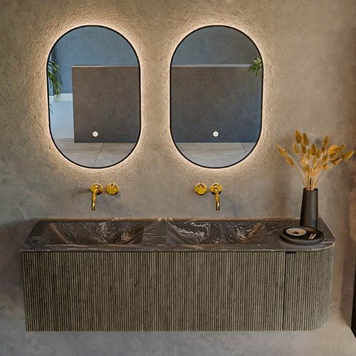 KURVE-DLUX 145cm meubles de salle de bains courbe Droite couleur Shadow avec 1 tiroir et 1 porte. Lavabo LEAF Double / Gauche sans trou pour robinet, couleur Lava.-2