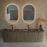 KURVE-DLUX 155cm meubles de salle de bains courbe Droite couleur Shadow avec 2 tiroirs et 1 porte. Lavabo LEAF Double / Gauche 2 trous robinetterie, couleur Lava.-2
