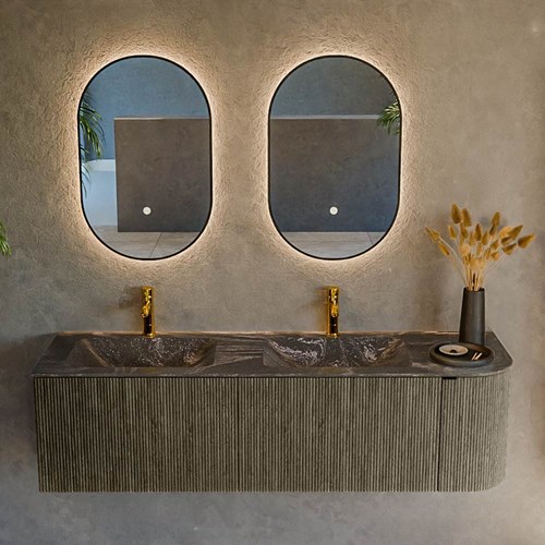 KURVE-DLUX 155cm meubles de salle de bains courbe Droite couleur Shadow avec 2 tiroirs et 1 porte. Lavabo LEAF Double / Gauche 2 trous robinetterie, couleur Lava.-2