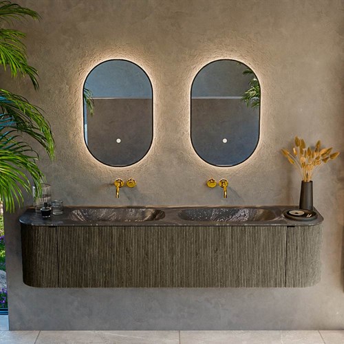 KURVE-DLUX 190cm meubles de salle de bains courbe Gauche + Droite couleur Shadow avec 2 tiroirs et 2 portes. Lavabo STOR SMALL Double sans trou pour robinet, couleur Lava.-2