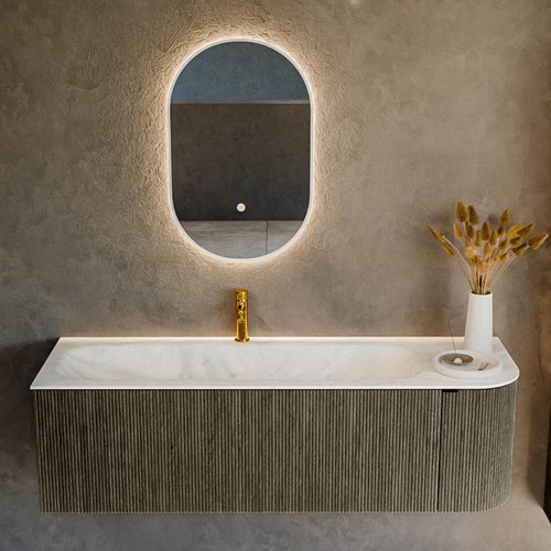 KURVE-DLUX 145cm meubles de salle de bains courbe Droite couleur Shadow avec 1 tiroir et 1 porte. Lavabo BIG LARGE Gauche 1 trou pour robinetter, couleur Opalo.-2