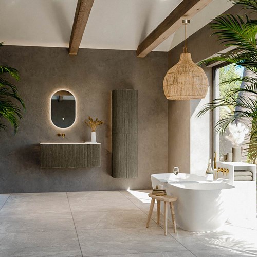 KURVE-DLUX 105cm mobili da bagno curva Destra colore Shadow con 1 cassetto e 1 porta. Lavabo BIG SMALL Sinistra senza foro per il rubinetto, colore Ostra.-3