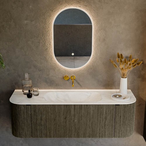 KURVE-DLUX 140cm badmeubel ronding Links + Rechts kleur Shadow met 1 lade en 2 deuren. Wastafel BIG SMALL Midden zonder kraangat Ostra.-2