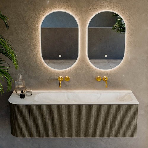 KURVE-DLUX 145cm badmeubel ronding Links kleur Shadow met 1 lade en 1 deur. Wastafel BIG LARGE Rechts zonder kraangat Ostra.-2