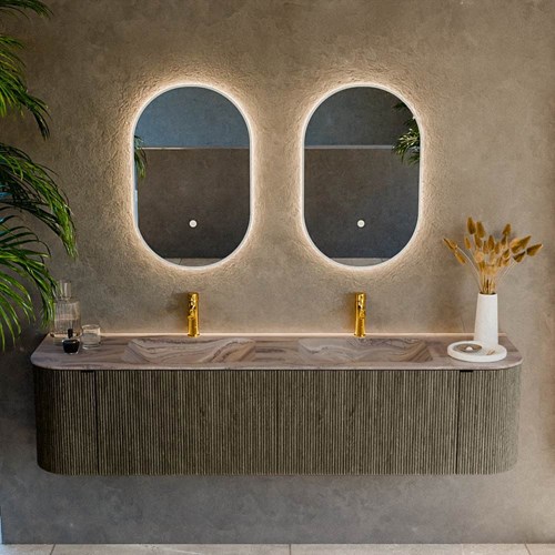 KURVE-DLUX 180cm mueble de baño curva Izquierda + Derecha color Shadow con 2 cajones y 2 puertas. Lavabo LEAF Doble 2 orificios Sombra.-2