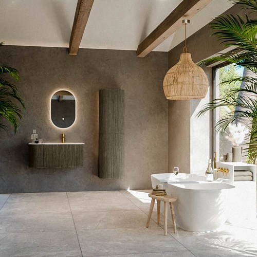 KURVE 95cm meubles de salle de bains courbe Gauche couleur Shadow avec 1 tiroir et 1 porte. Lavabo BIG SMALL Droite 1 trou pour robinetter, couleur Talc.-3