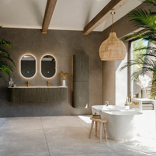 KURVE 170cm meubles de salle de bains courbe Gauche + Droite couleur Shadow avec 1 tiroir et 2 portes. Lavabo CLOUD Double 2 trous robinetterie, couleur Talc.-3