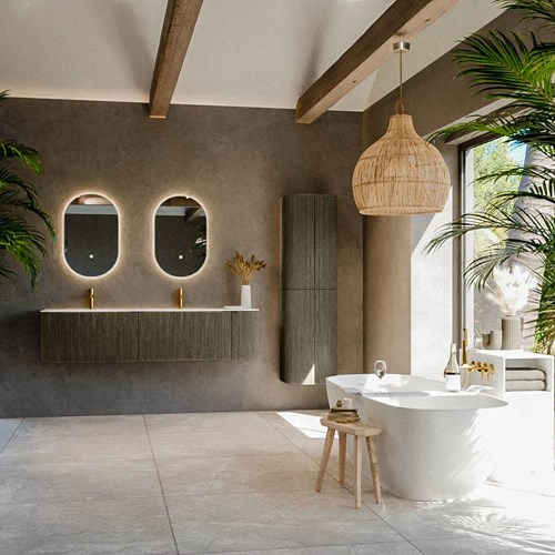KURVE 175cm meubles de salle de bains courbe Droite couleur Shadow avec 2 tiroirs et 1 porte. Lavabo BIG SMALL Double / Gauche 2 trous robinetterie, couleur Talc.-3
