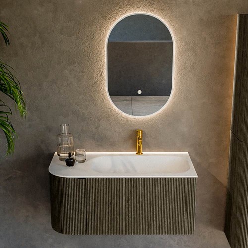 KURVE 95cm meubles de salle de bains courbe Gauche couleur Shadow avec 1 tiroir et 1 porte. Lavabo BIG SMALL Droite 1 trou pour robinetter, couleur Talc.-2