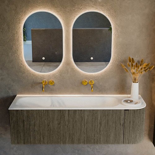 KURVE 145cm meubles de salle de bains courbe Droite couleur Shadow avec 1 tiroir et 1 porte. Lavabo BIG LARGE Gauche sans trou pour robinet, couleur Talc.-2