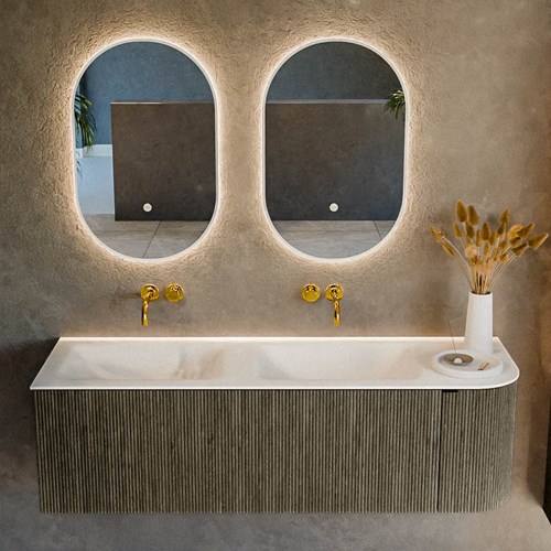 KURVE 145cm mueble de baño curva Derecha color Shadow con 1 cajón y 1 puerta. Lavabo CLOUD Doble / Izquierda sin orificio Talc.-2