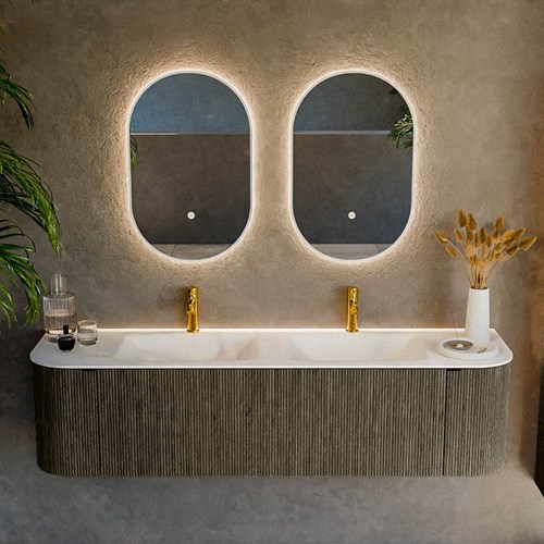 KURVE 170cm meubles de salle de bains courbe Gauche + Droite couleur Shadow avec 1 tiroir et 2 portes. Lavabo CLOUD Double 2 trous robinetterie, couleur Talc.-2