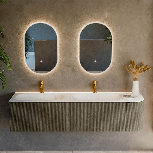 KURVE 175cm meubles de salle de bains courbe Droite couleur Shadow avec 2 tiroirs et 1 porte. Lavabo BIG SMALL Double / Gauche 2 trous robinetterie, couleur Talc.-2