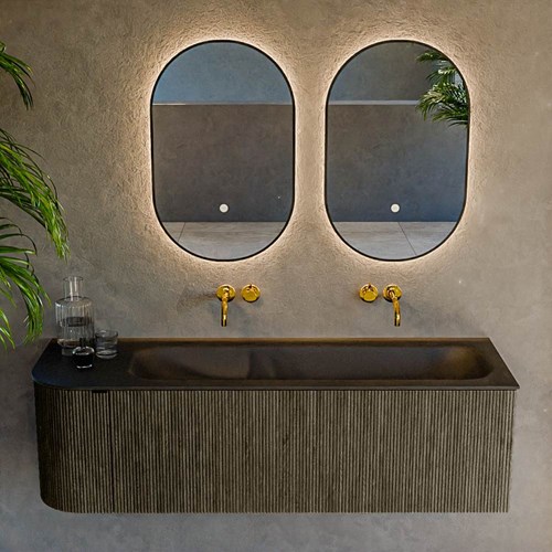 KURVE 145cm meubles de salle de bains courbe Gauche couleur Shadow avec 1 tiroir et 1 porte. Lavabo BIG LARGE Droite sans trou pour robinet, couleur Urban.-2