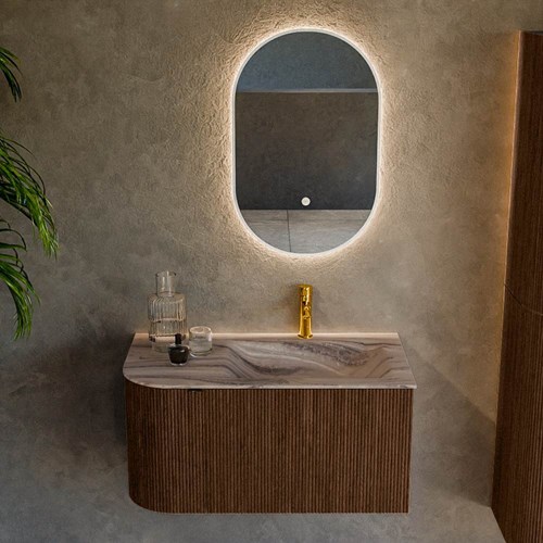 KURVE-DLUX 85cm mueble de baño curva Izquierda color Walnut con 1 cajón y 1 puerta. Lavabo CLOUD Derecho 1 orificio Sombra.-2