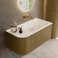 KURVE-DLUX 95cm mobili da bagno curva Sinistra colore Dusk con 1 cassetto e 1 porta. Lavabo BIG SMALL Destra senza foro per il rubinetto, colore Frappe.