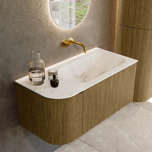 KURVE-DLUX 95cm mobili da bagno curva Sinistra colore Dusk con 1 cassetto e 1 porta. Lavabo BIG SMALL Destra senza foro per il rubinetto, colore Frappe.