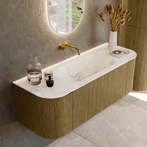 KURVE-DLUX 130cm meubles de salle de bains courbe Gauche + Droite couleur Dusk avec 1 tiroir et 2 portes. Lavabo BIG SMALL Centrée sans trou pour robinet, couleur Frappe.