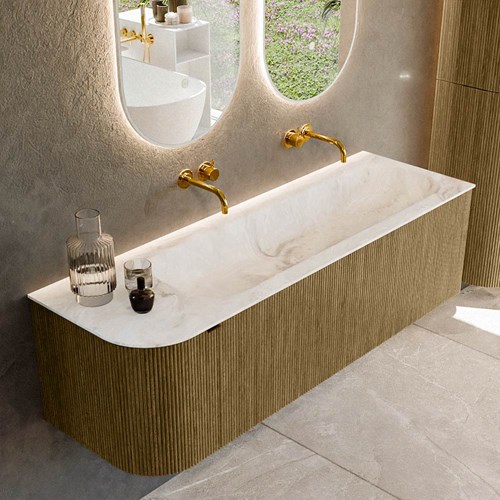 KURVE-DLUX 145cm mobili da bagno curva Sinistra colore Dusk con 1 cassetto e 1 porta. Lavabo BIG LARGE Destra senza foro per il rubinetto, colore Frappe.