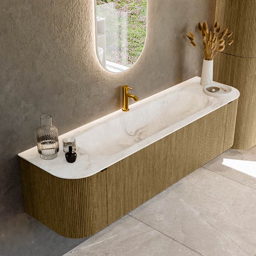 KURVE-DLUX 170cm meubles de salle de bains courbe Gauche + Droite couleur Dusk avec 1 tiroir et 2 portes. Lavabo BIG LARGE Centrée 1 trou pour robinetter, couleur Frappe.
