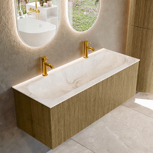 KURVE-DLUX 120cm bathroom vanity set color Dusk with 1 drawer and 0 doors. Vanity top BIG LARGE Center 2 tab holes, color Frappe.