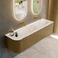 KURVE-DLUX 165cm badmeubel ronding Links kleur Dusk met 2 lades en 1 deur. Wastafel STOR SMALL Dubbel / Rechts zonder kraangat Frappe.