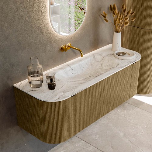 KURVE-DLUX 130cm meubles de salle de bains courbe Gauche + Droite couleur Dusk avec 1 tiroir et 2 portes. Lavabo BIG SMALL Centrée sans trou pour robinet, couleur Glace.