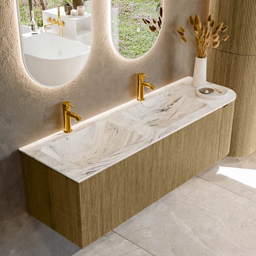 KURVE-DLUX 145cm mobili da bagno curva Destra colore Dusk con 1 cassetto e 1 porta. Lavabo LEAF Doppio / Sinistra 2 fori del rubinetto, colore Glace.