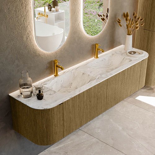 KURVE-DLUX 180cm mobili da bagno curva Sinistra + Destra colore Dusk con 2 cassetti e 2 porte. Lavabo LEAF Doppio 2 fori del rubinetto, colore Glace.
