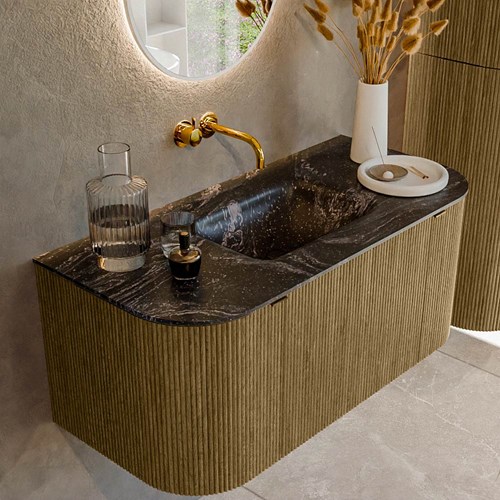 KURVE-DLUX 100cm mueble de baño curva Izquierda + Derecha color Dusk con 1 cajón y 2 puertas. Lavabo GRUNNE Centro sin orificio Lava.