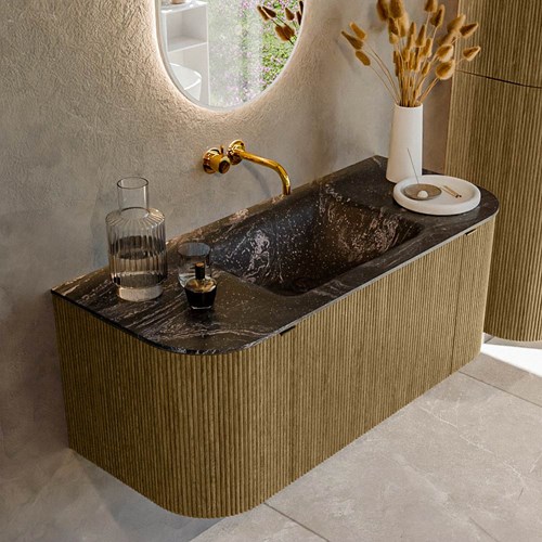 KURVE-DLUX 110cm mobili da bagno curva Sinistra + Destra colore Dusk con 1 cassetto e 2 porte. Lavabo CLOUD Centro senza foro per il rubinetto, colore Lava.