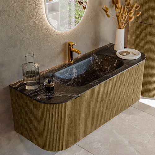 KURVE-DLUX 120cm meubles de salle de bains courbe Gauche + Droite couleur Dusk avec 1 tiroir et 2 portes. Lavabo BIG SMALL Centrée 1 trou pour robinetter, couleur Lava.