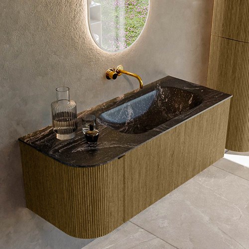 KURVE-DLUX 115cm mobili da bagno curva Sinistra colore Dusk con 1 cassetto e 1 porta. Lavabo BIG SMALL Destra senza foro per il rubinetto, colore Lava.