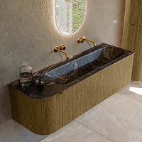 KURVE-DLUX 145cm bathroom vanity set curve Left color Dusk with 1 drawer and 1 door. Vanity top BIG LARGE Right without tab hole, color Lava.