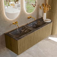 KURVE-DLUX 145cm meubles de salle de bains courbe Droite couleur Dusk avec 1 tiroir et 1 porte. Lavabo LEAF Double / Gauche sans trou pour robinet, couleur Lava.