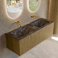 KURVE-DLUX 130cm meubles de salle de bains couleur Dusk avec 2 tiroirs et 0 portes. Lavabo LEAF Double sans trou pour robinet, couleur Lava.