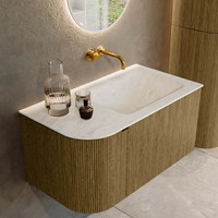 KURVE-DLUX 85cm mobili da bagno curva Sinistra colore Dusk con 1 cassetto e 1 porta. Lavabo CLOUD Destra senza foro per il rubinetto, colore Opalo.