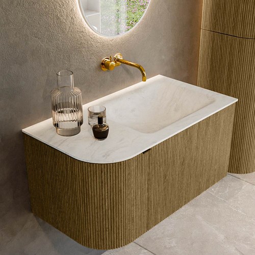 KURVE-DLUX 85cm mobili da bagno curva Sinistra colore Dusk con 1 cassetto e 1 porta. Lavabo CLOUD Destra senza foro per il rubinetto, colore Opalo.