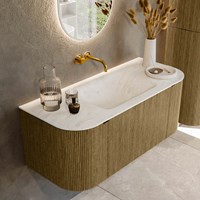 KURVE-DLUX 110cm meubles de salle de bains courbe Gauche + Droite couleur Dusk avec 1 tiroir et 2 portes. Lavabo CLOUD Centrée sans trou pour robinet, couleur Opalo.