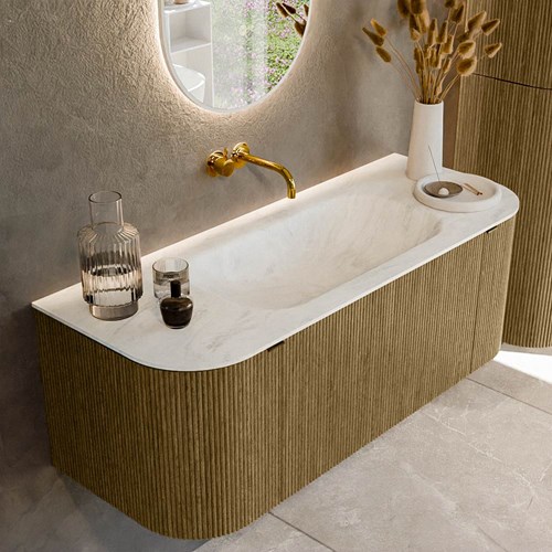 KURVE-DLUX 120cm meubles de salle de bains courbe Gauche + Droite couleur Dusk avec 1 tiroir et 2 portes. Lavabo BIG SMALL Centrée sans trou pour robinet, couleur Opalo.