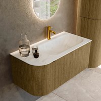 KURVE-DLUX 95cm bathroom vanity set curve Left color Dusk with 1 drawer and 1 door. Vanity top BIG SMALL Right 1 tab hole, color Opalo.