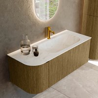 KURVE-DLUX 115cm mueble de baño curva Izquierda color Dusk con 1 cajón y 1 puerta. Lavabo BIG SMALL Derecho 1 orificio Opalo.