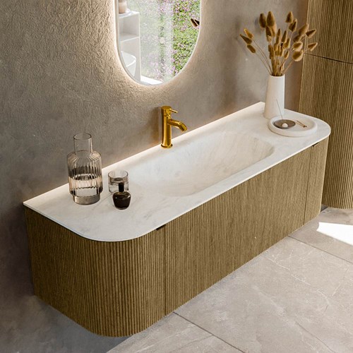 KURVE-DLUX 140cm meubles de salle de bains courbe Gauche + Droite couleur Dusk avec 1 tiroir et 2 portes. Lavabo BIG SMALL Centrée 1 trou pour robinetter, couleur Opalo.