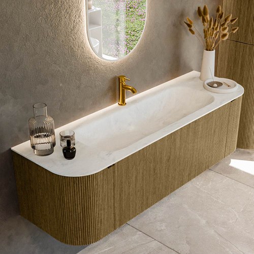 KURVE-DLUX 150cm meubles de salle de bains courbe Gauche + Droite couleur Dusk avec 1 tiroir et 2 portes. Lavabo BIG MEDIUM Centrée 1 trou pour robinetter, couleur Opalo.