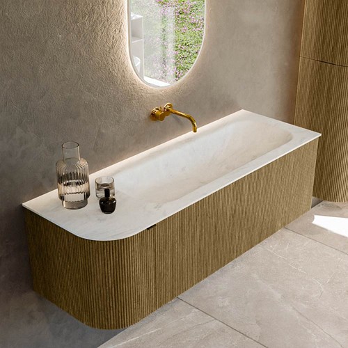 KURVE-DLUX 135cm meubles de salle de bains courbe Gauche couleur Dusk avec 1 tiroir et 1 porte. Lavabo BIG MEDIUM Droite sans trou pour robinet, couleur Opalo.