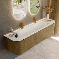 KURVE-DLUX 170cm badmeubel ronding Links + Rechts kleur Dusk met 1 lade en 2 deuren. Wastafel BIG LARGE Midden 2 kraangaten Opalo.