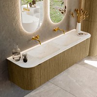KURVE-DLUX 170cm mobili da bagno curva Sinistra + Destra colore Dusk con 1 cassetto e 2 porte. Lavabo LEAF Doppio senza foro per il rubinetto, colore Opalo.